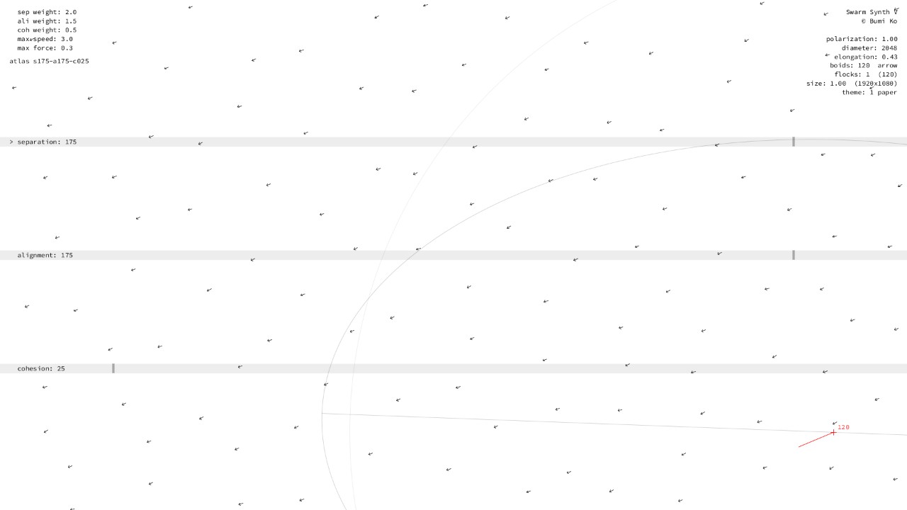 Separation 150–200, alignment 150–200, cohesion 0–50: one great flock